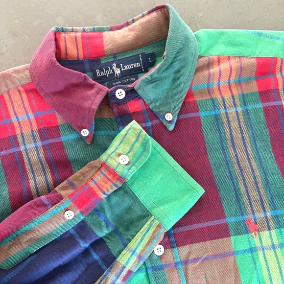 Vintage Ralph Lauren Men Flannel Shirt Plaid Button Up Green Red Holiday Large - Picture 1 of 9